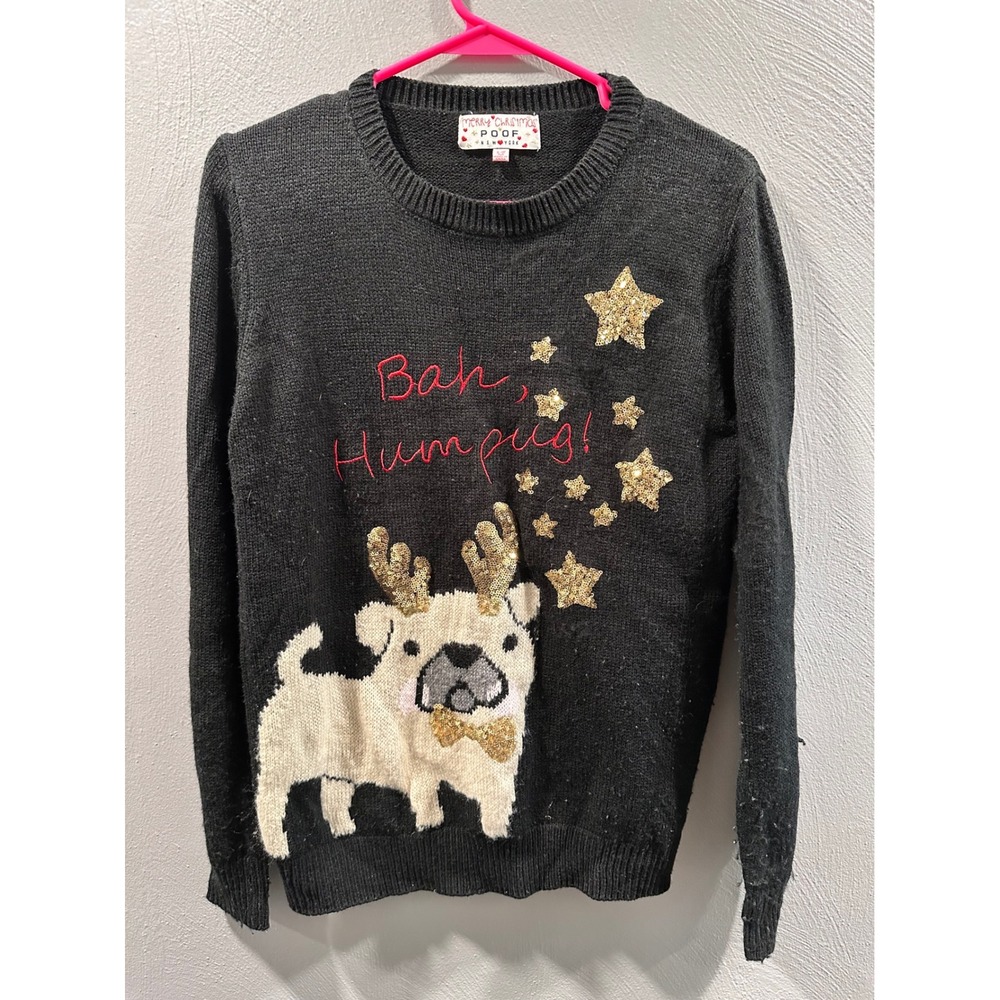 Poof New York Womens Bah Humpug Christmas Sweater Black Sequin Pug Size M